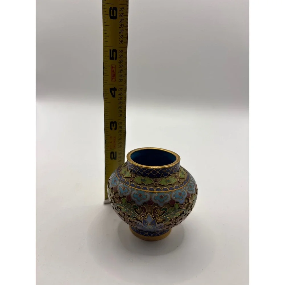 Vintage Cloisonne Enamel Miniature Vase Floral Blue Gold Tone Asian Decorative